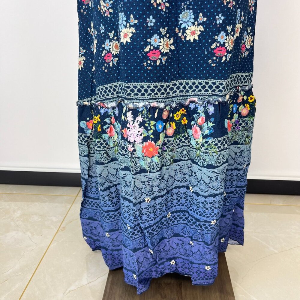NWOT Johnny Was Blue Floral Elastic Waist Maxi Skirt Size S Pull-On - Picture 8 of 14